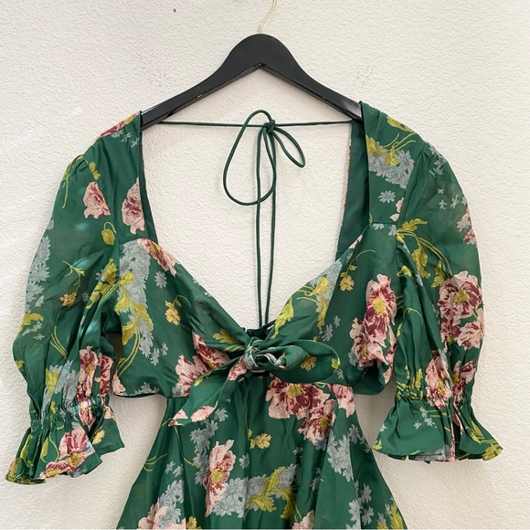 ASOS Tie Front Mini Dress in Textured Voile Art Nouveau Green Floral Size 10 - Picture 10 of 16